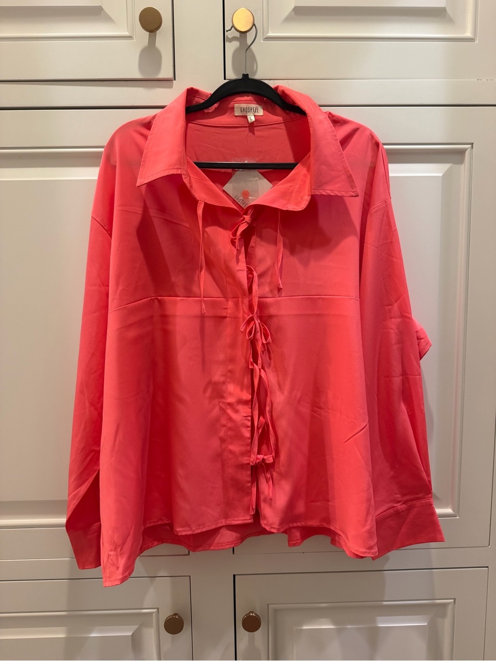 Ghospell Coral Pink Tie Front Long Sleeve Blouse Size L